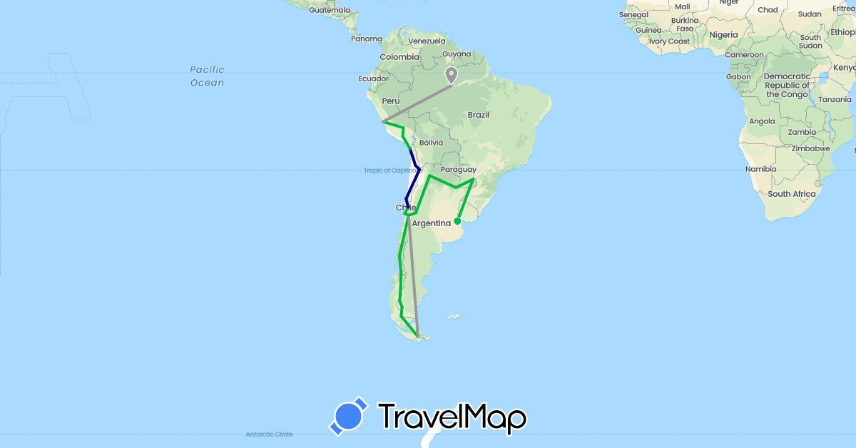 TravelMap itinerary: driving, bus, plane in Argentina, Brazil, Chile, Peru (South America)
